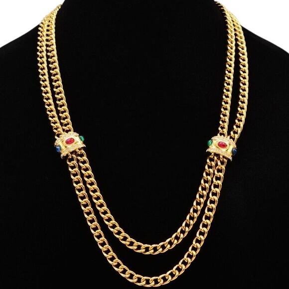 Givenchy Signed Cabochon Necklace Gold Double Chain Runway Vintage 1980s BinY - Picture 1 of 12
